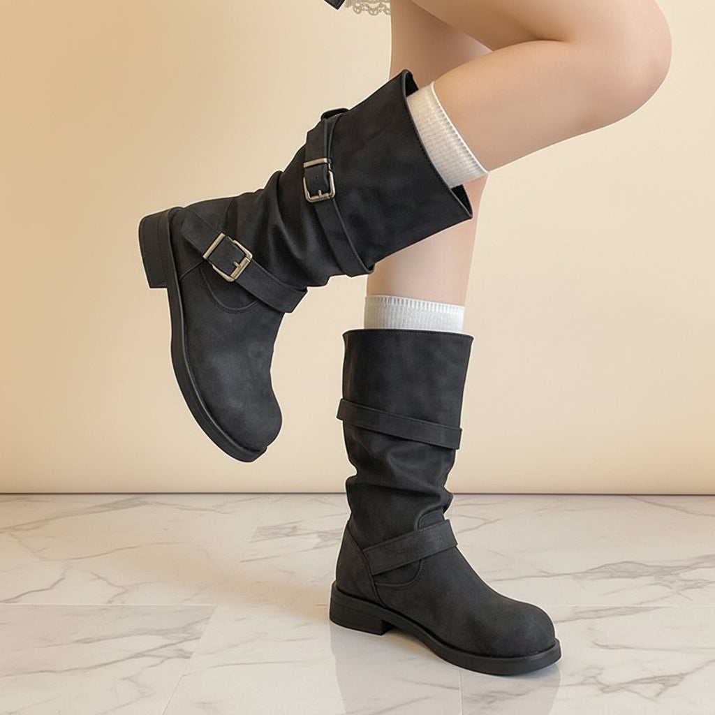 Distressed Slouchy Mid-Calf Boots | Buckle Strap Biker Booties | Y2K Retro