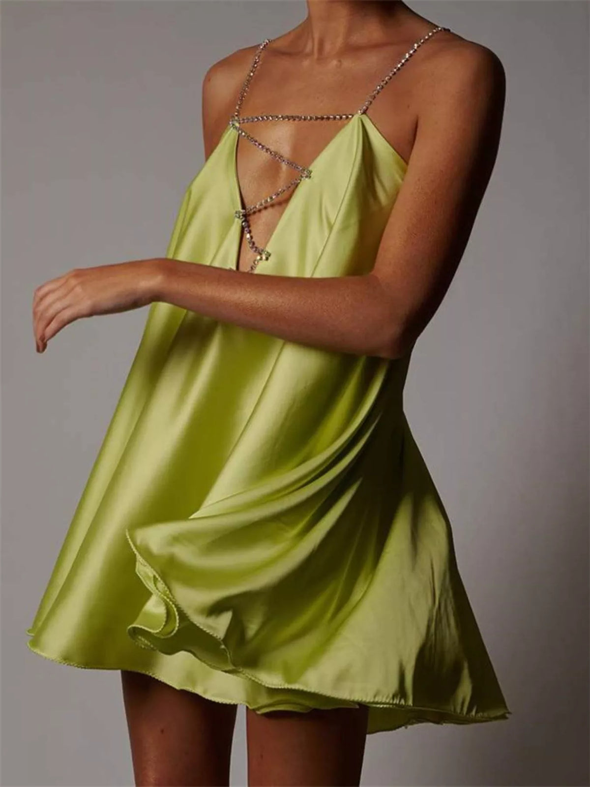 Rhinestone Embellished Plunge Mini Dress