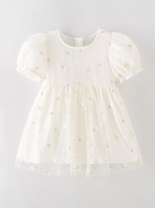 Children's Embroidered Floral Tulle Dress with Lace Detail