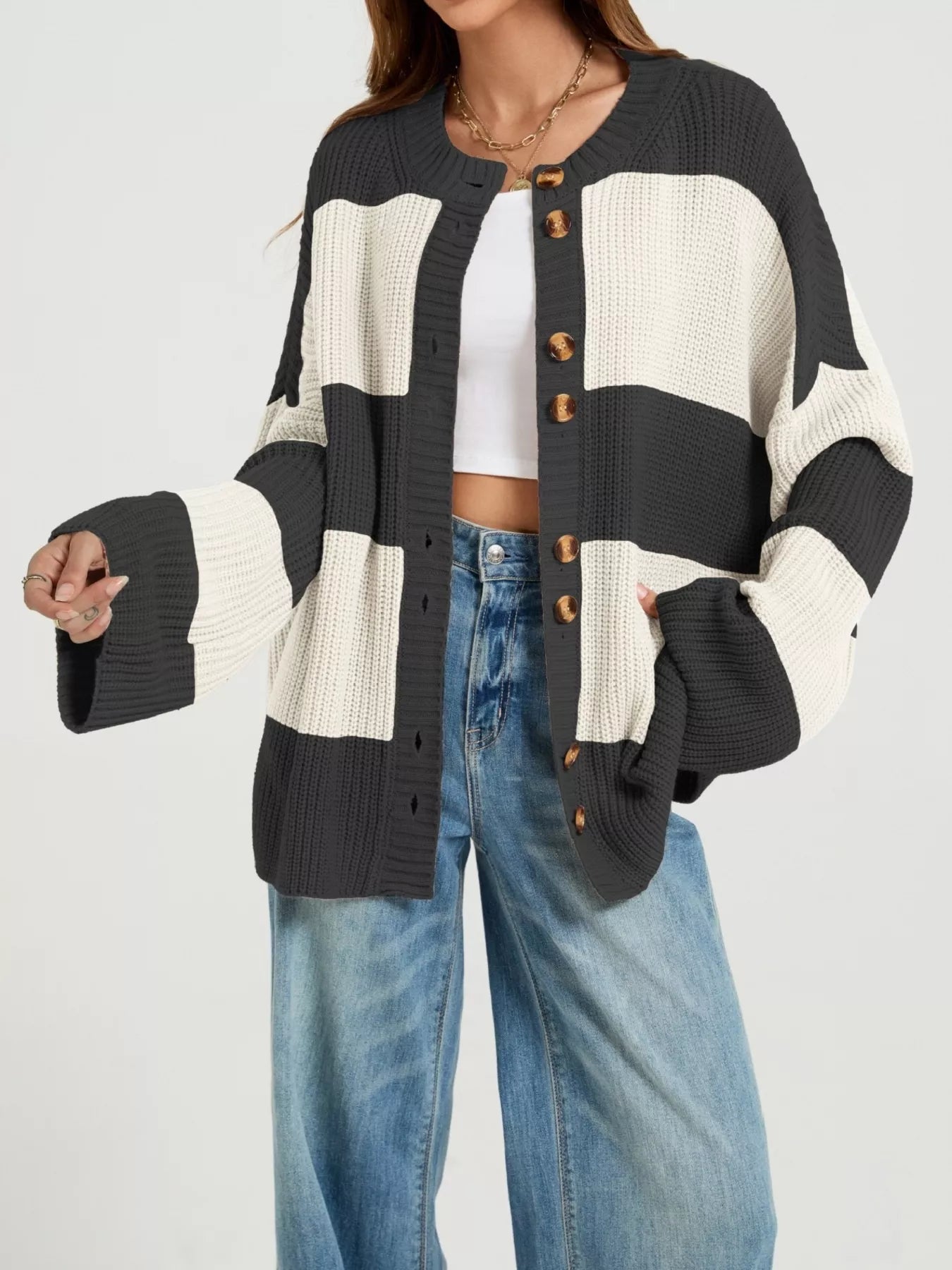 Color Block Striped Button-Up Cardigan
