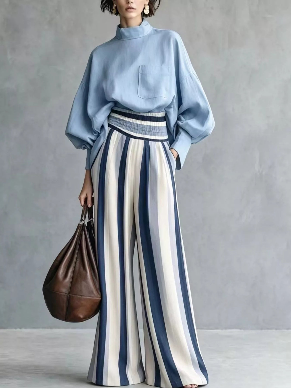 Full Size Mock Neck Top and Striped Wide-Leg Pants Set Plus Size