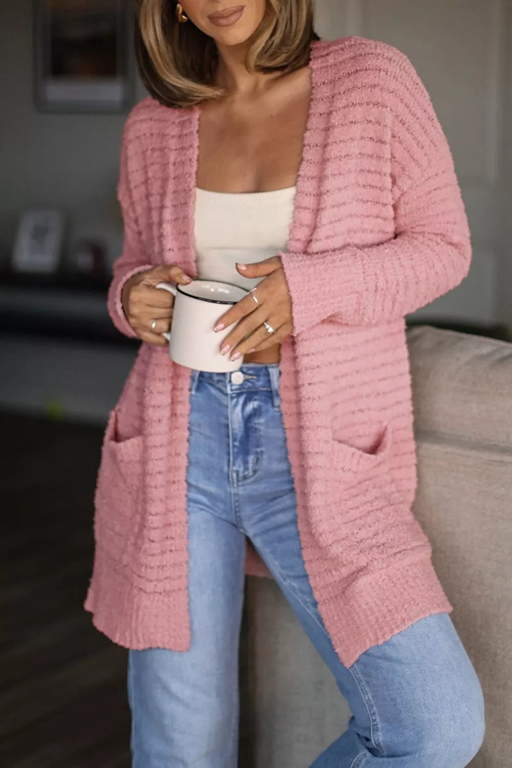 Open Front Soft Fuzzy Ribbed Sweater Cardigan