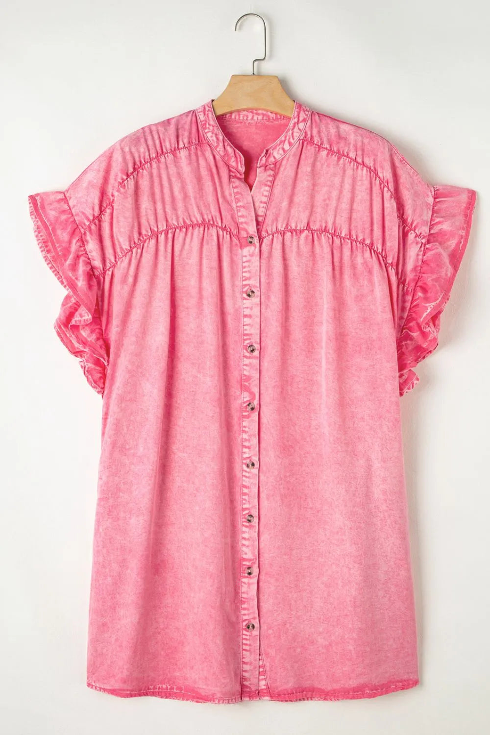 Ruffled Short Sleeve Buttoned Denim Mini Dress
