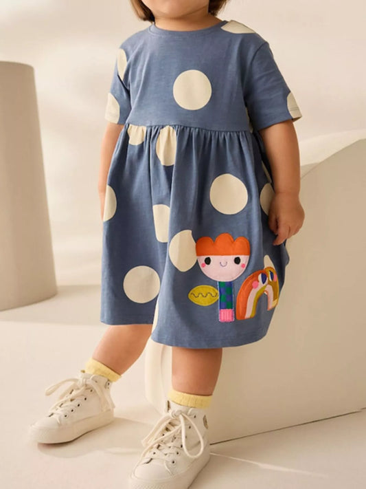Children's Cute Cartoon Applique Polka Dot Dress