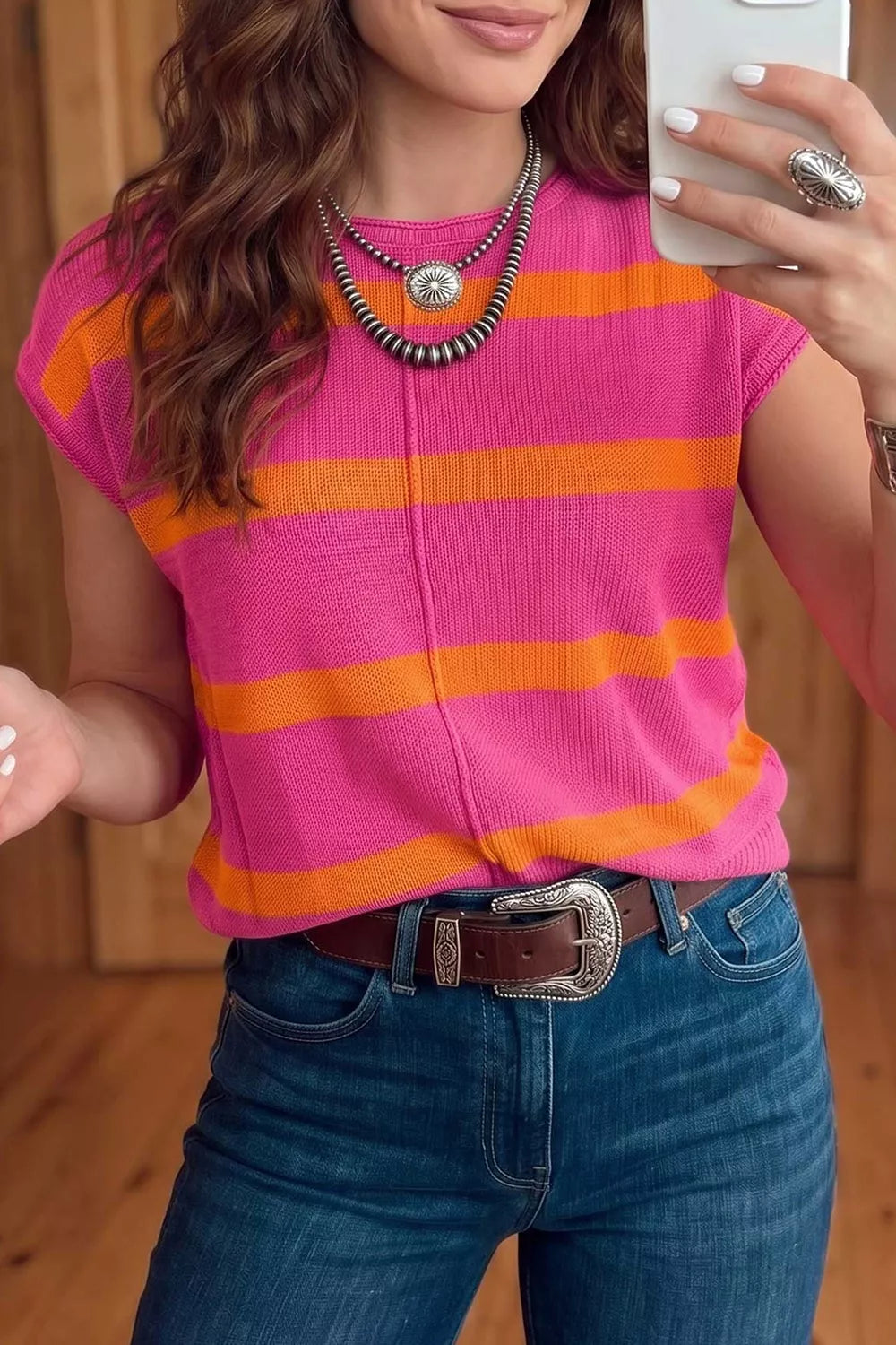 Stripe Knit Western Short Sleeve Sweater