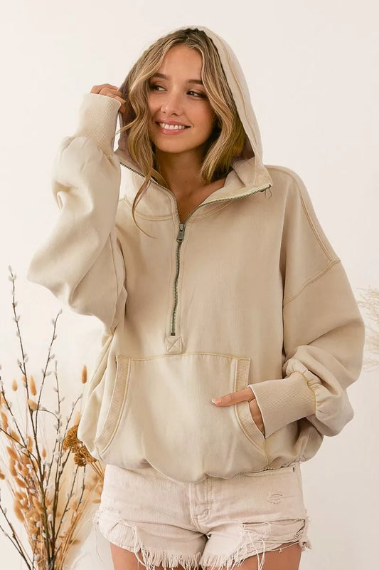 BiBi Stitch Detailed Elastic Hem Half Zip Fleece Hoodie