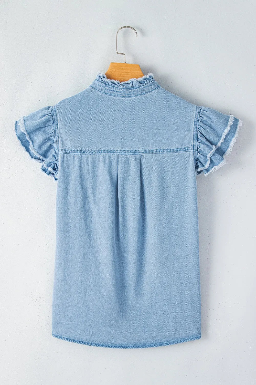 Button Down Raw Hem Ruffled Denim Shirt
