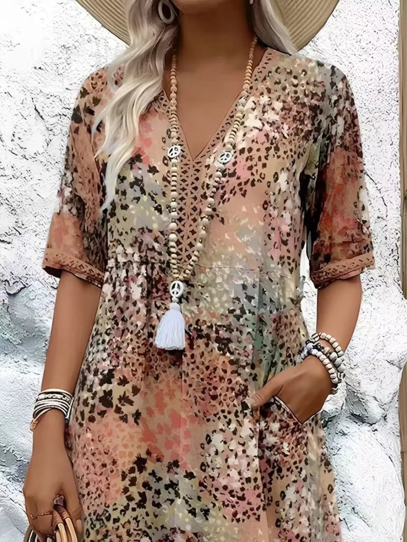 Full Size Printed V-Neck Half Sleeve Dress Plus Size