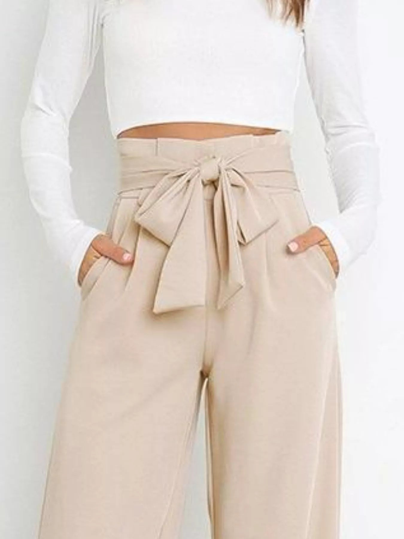 High Waist Tie Front Wide Leg Pants