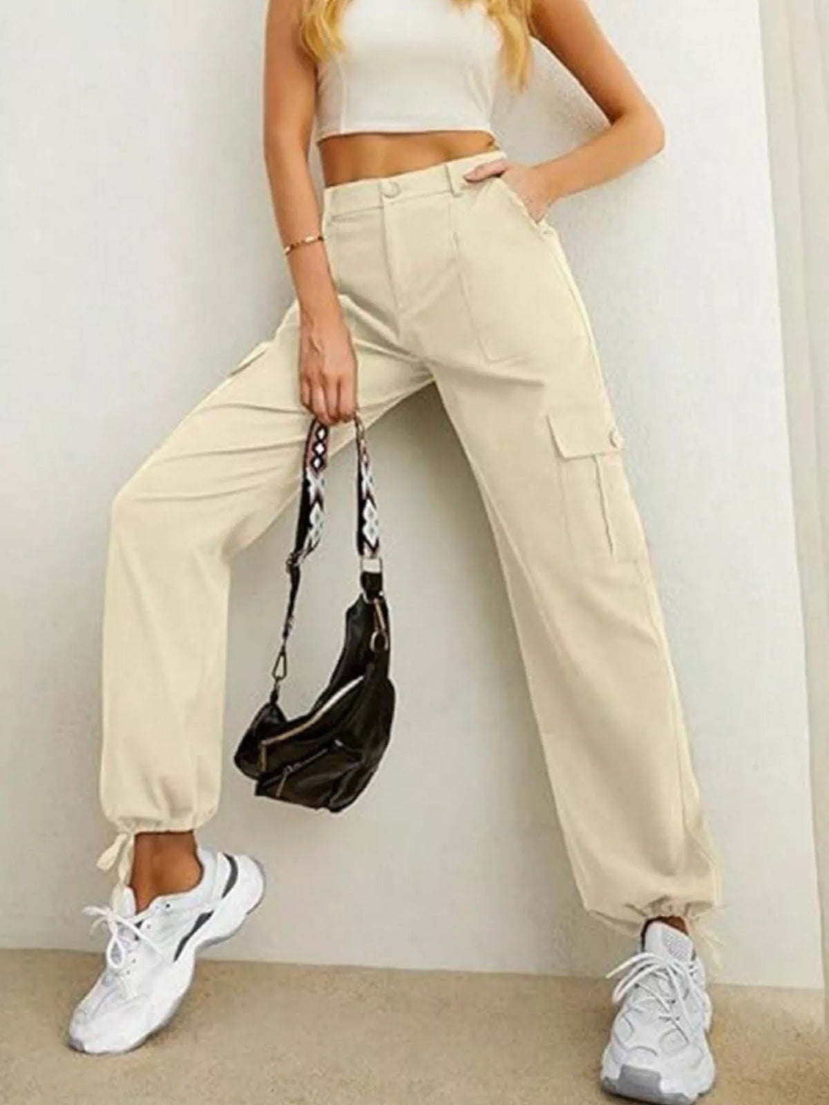 High-Waisted Cargo Pants with Drawstring Cuffs