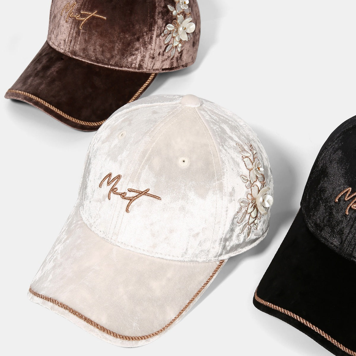 Velvet Baseball Cap with Floral Embellishments
