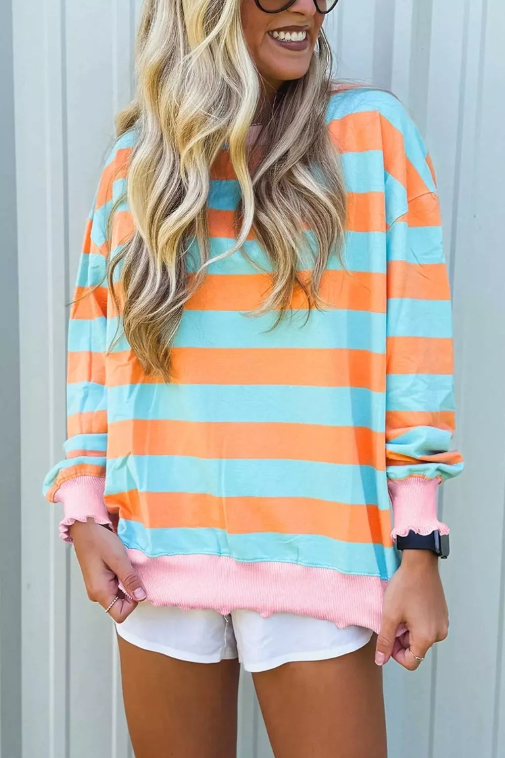 Striped Long Sleeve Top with Lettuce-Edge Cuffs