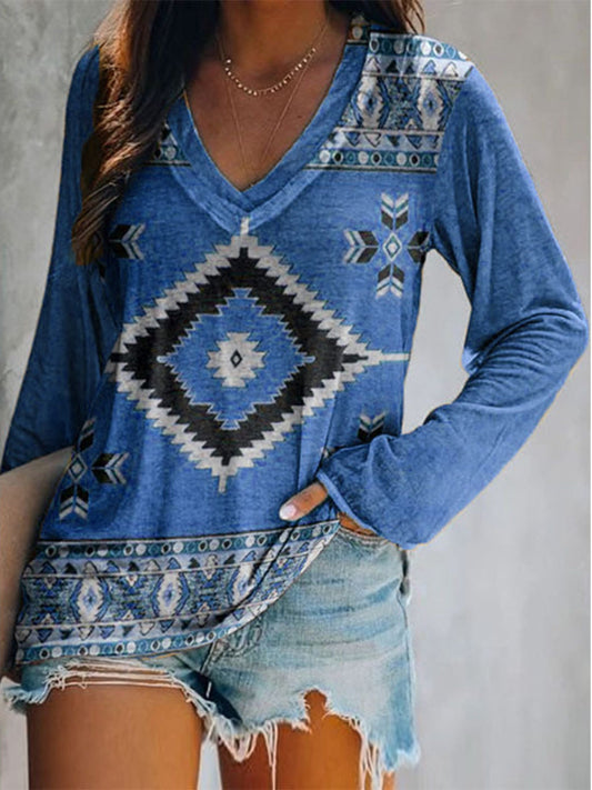 Full Size Geometric V-Neck Long Sleeve T-Shirt Plus Size