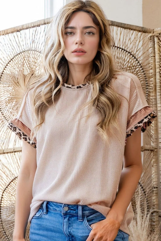 Leopard Trim Round Neck Ribbed T-Shirt