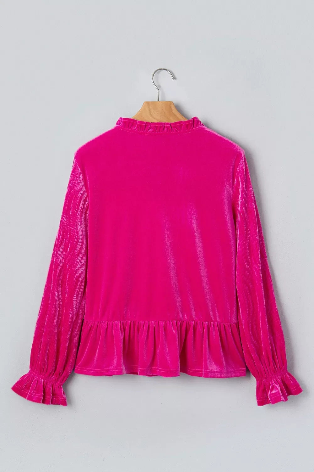 V Neck Velvet Ruffled Cuffs Hem Long Sleeve Top
