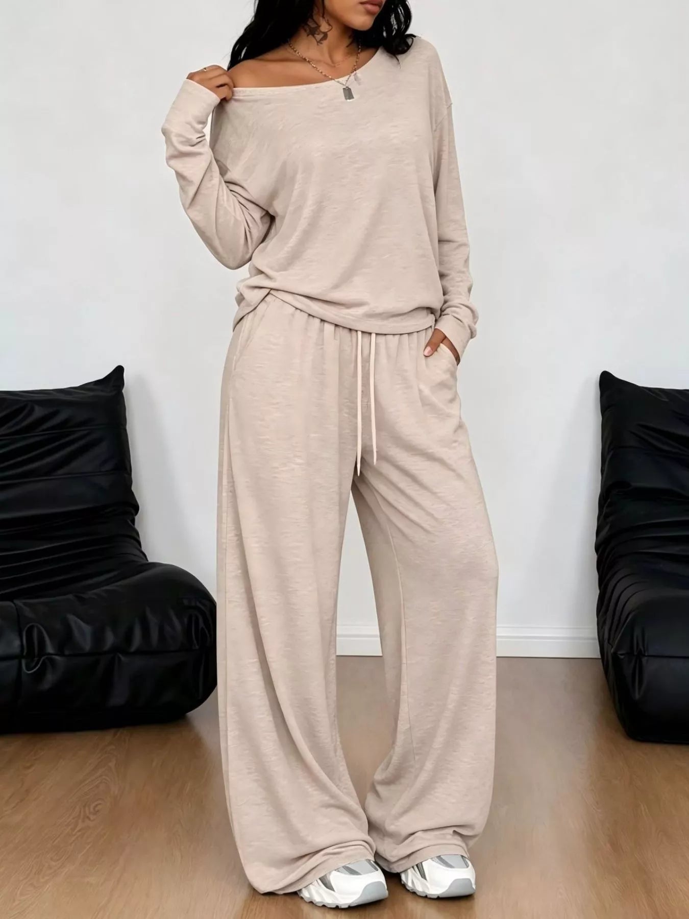 Full Size Comfortable Loose Fit One-Shoulder T-Shirt and Pants Set Plus Size