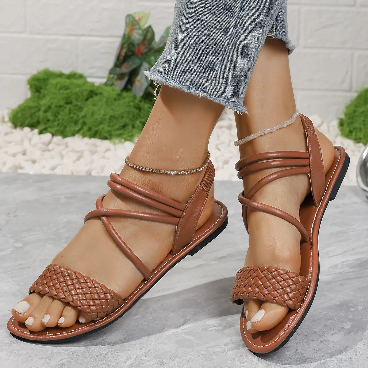 Braided Ankle Strap Flat Sandals