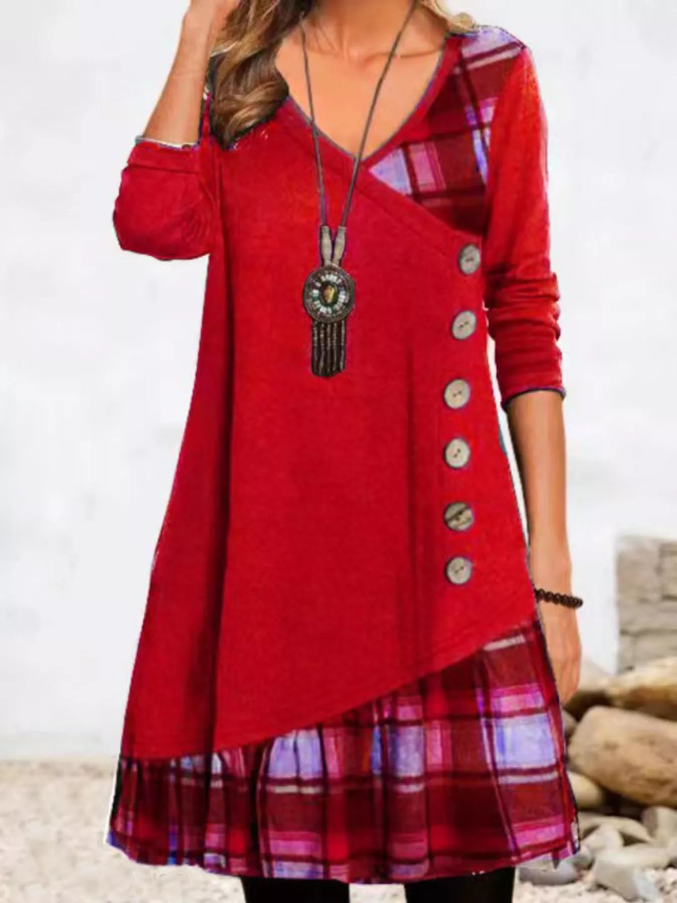 Full Size Asymmetrical Plaid Patchwork Long Sleeve Dress Plus Size