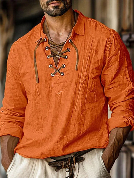 Men's Full Size Vintage Lace-Up Long Sleeve Blouse Plus Size