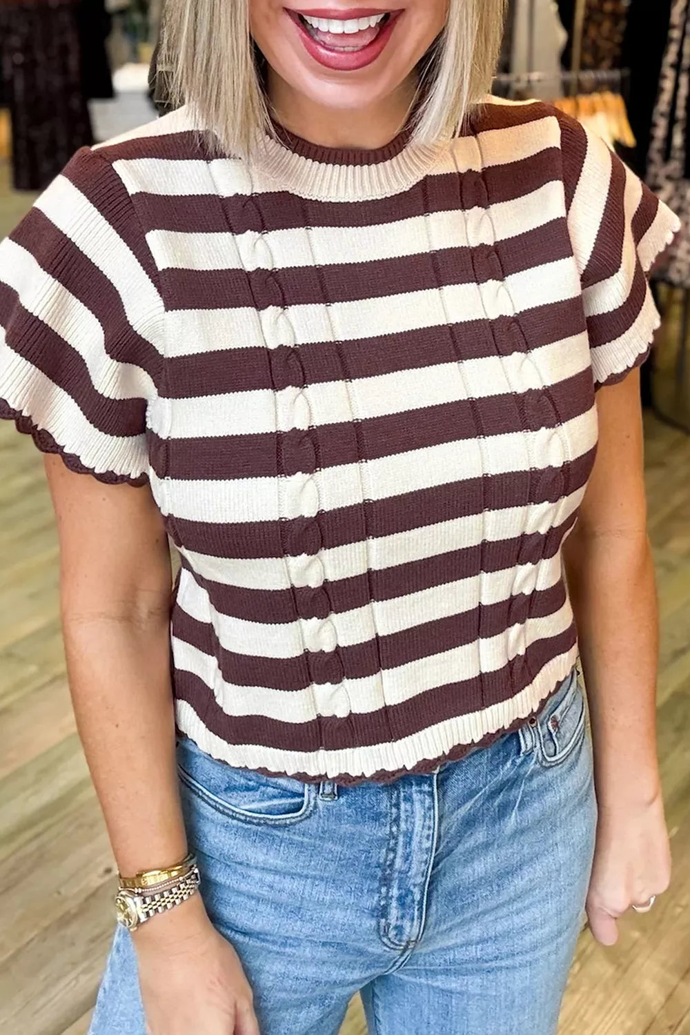 Stripe Ribbed Knit Cable Detail Short Sleeve Sweater