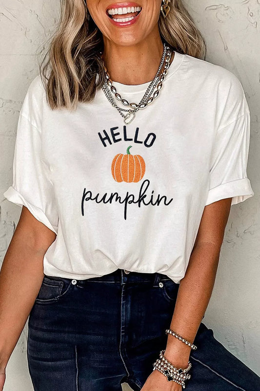 Embroidered Pumpkin Slogan Short Sleeve T-Shirt