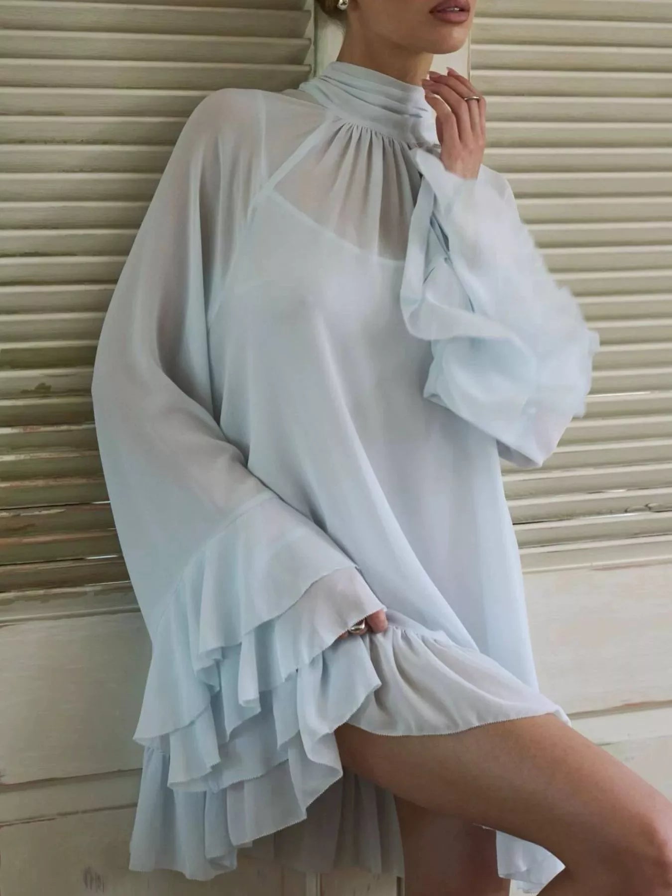 Sheer Mock Neck Flare Sleeve Dress