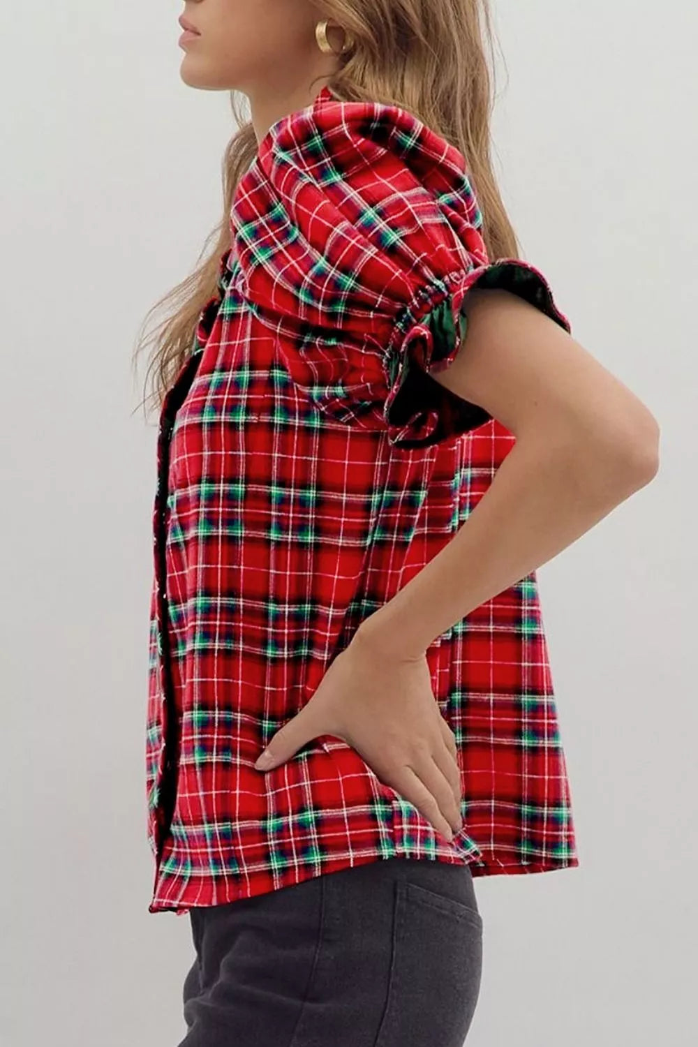 Plaid V Neck Ruffle Color Block Trim Short Sleeve Shirt