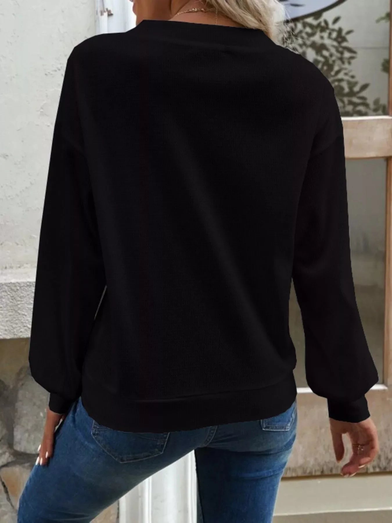 Casual V-Neck Waffle Long Sleeve Top