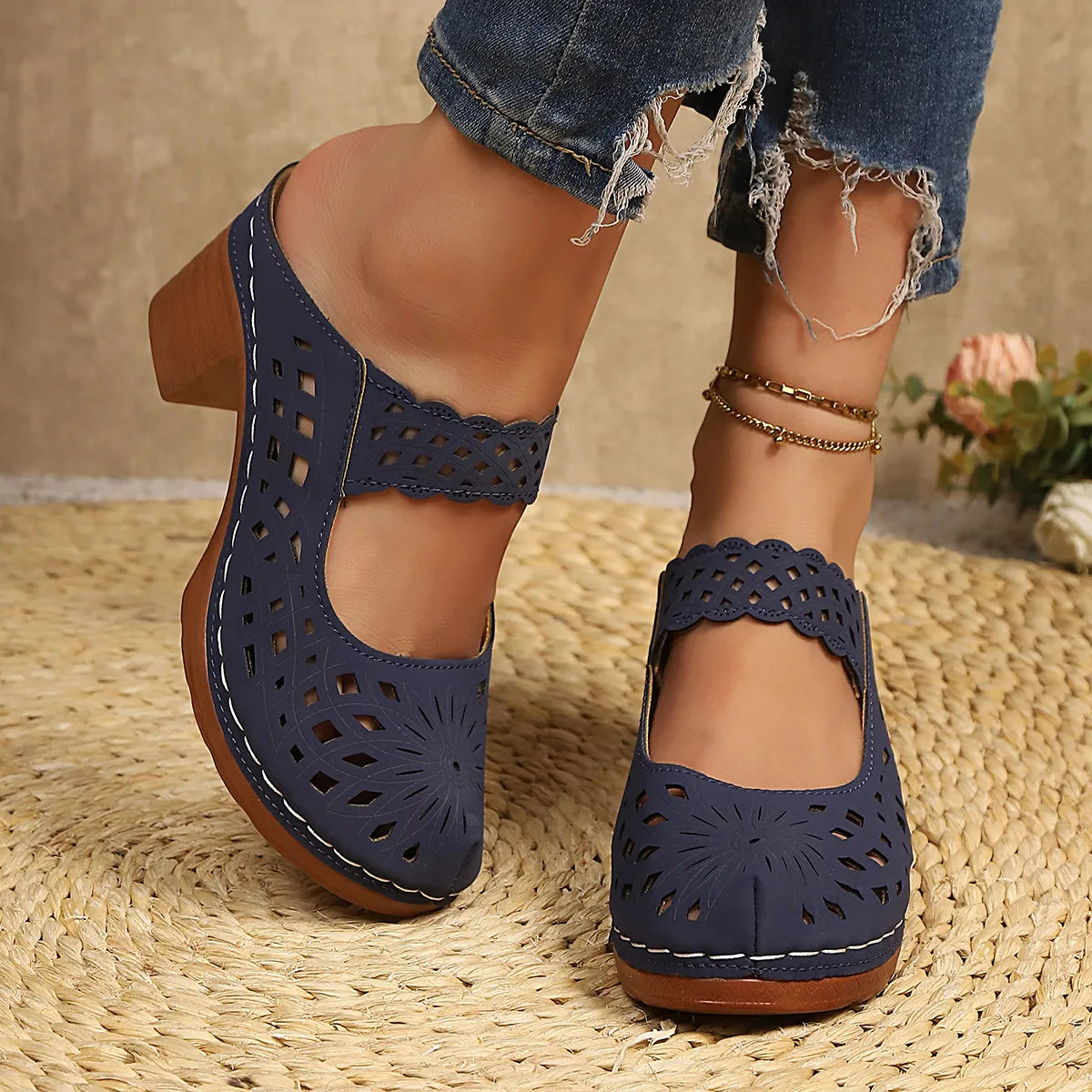 Hollow-Out Block Heels Sandals