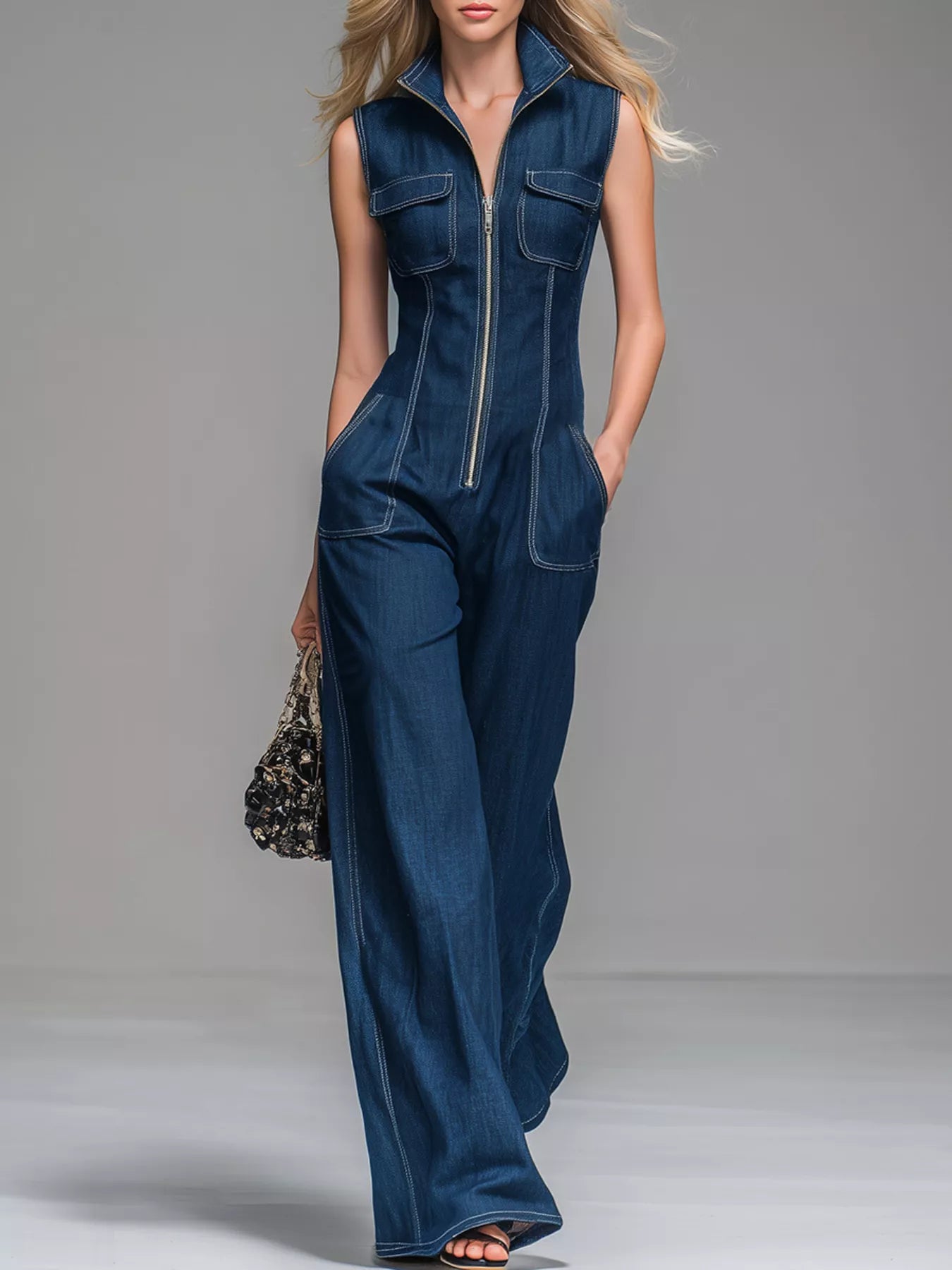 Sleeveless Zip-Front Wide-Leg Denim Jumpsuit