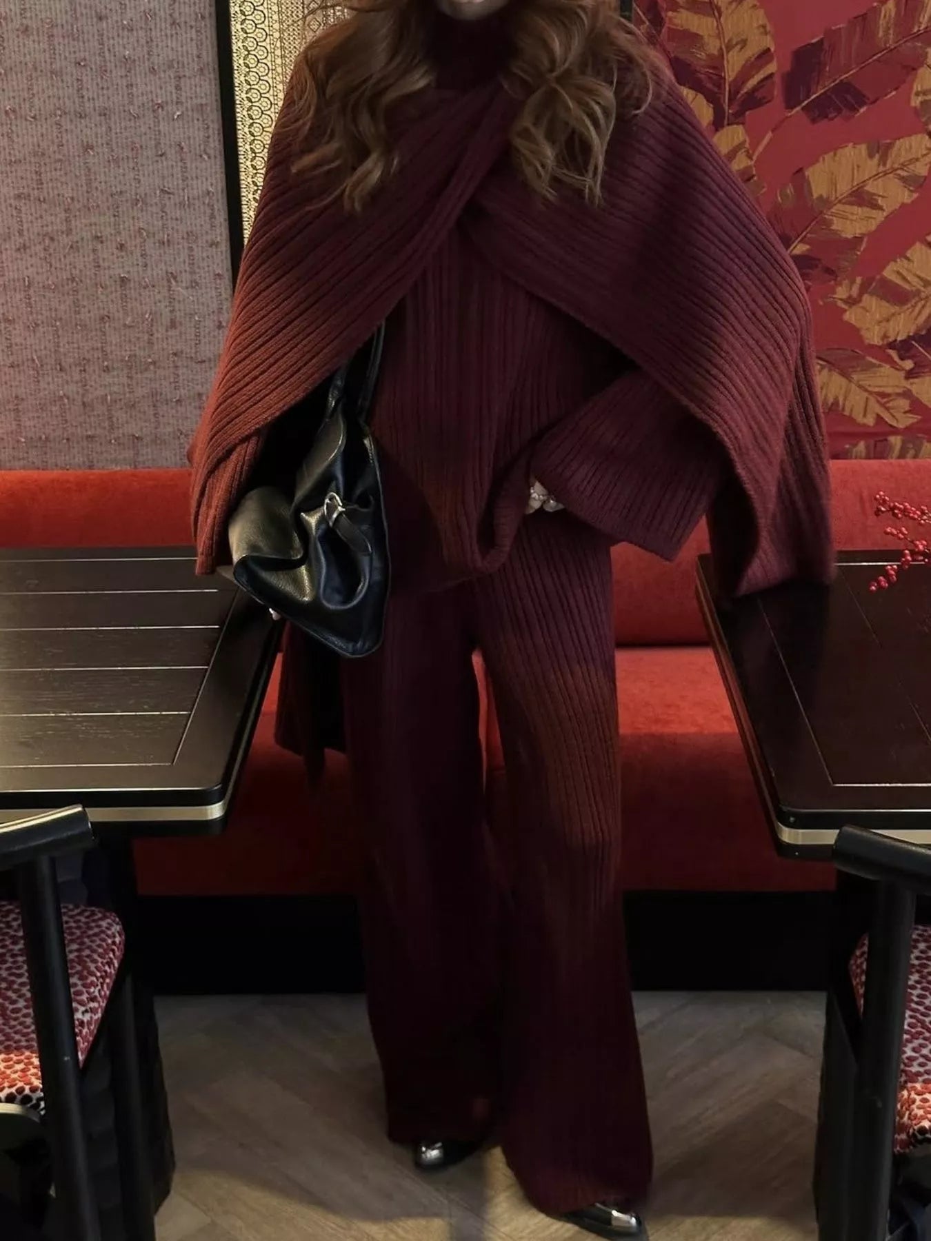 3-Piece Crew Neck Ribbed Sweater and Wide-Leg Pants Set with Scarf