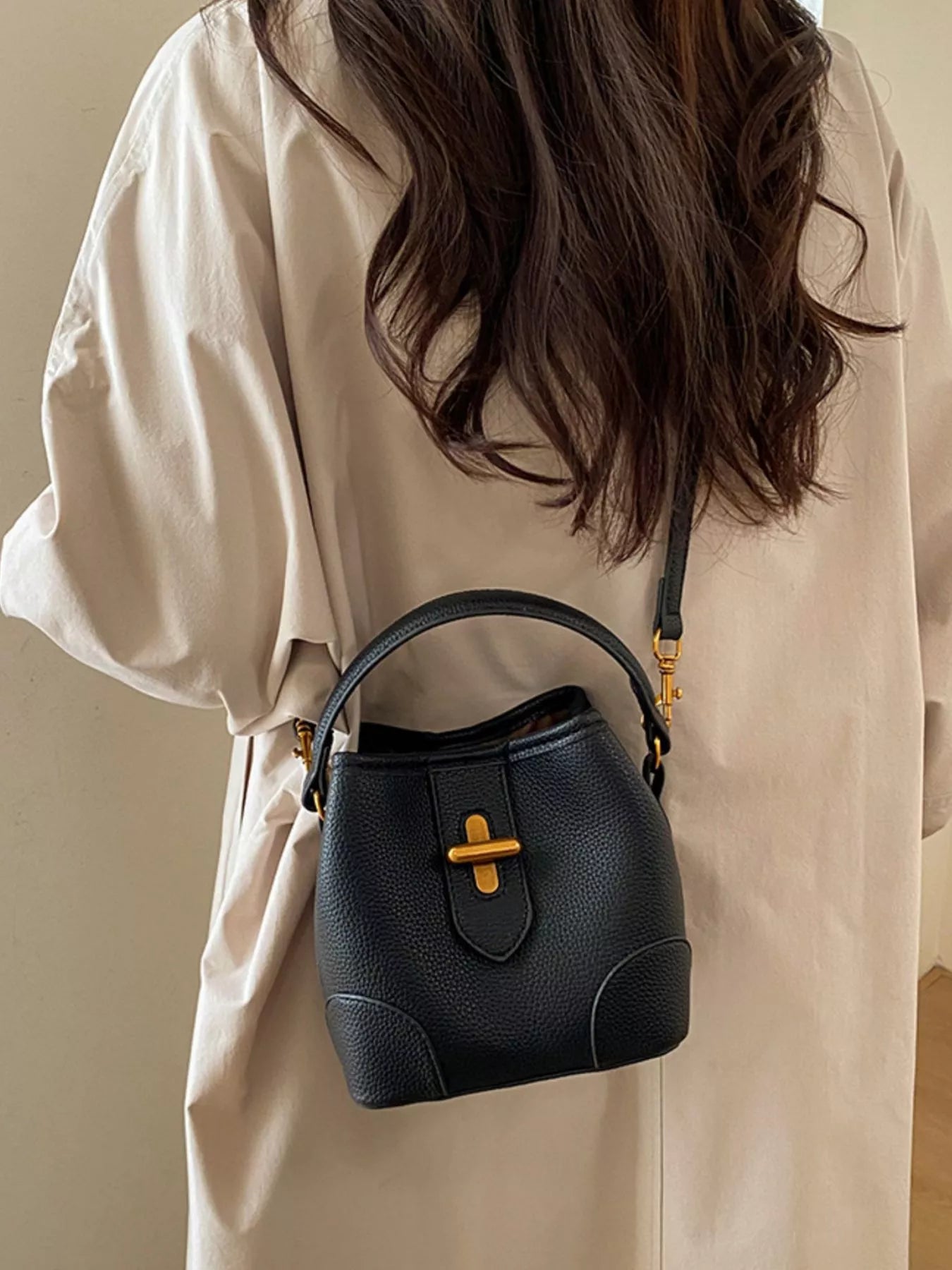 Textured Leather Bucket Crossbody Bag