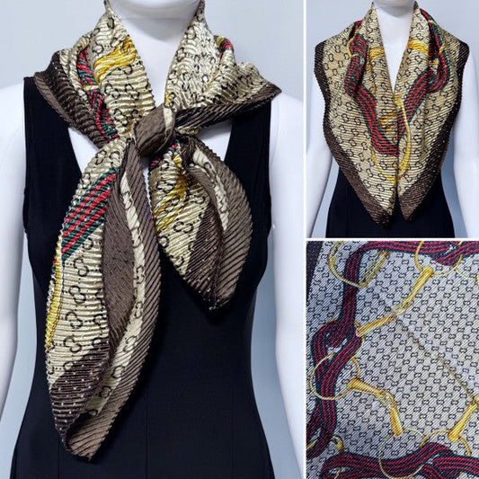 Brown Silk Feel Pleated Scarf With Rhinestones