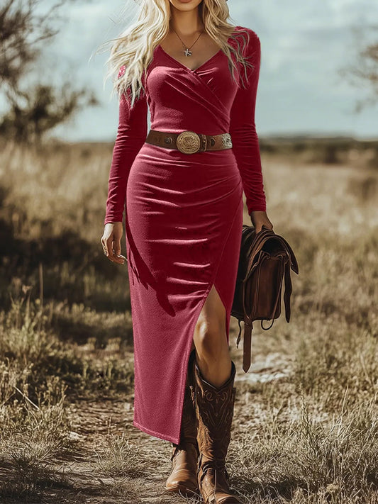 Long Sleeve Wrap Midi Dress with Slit