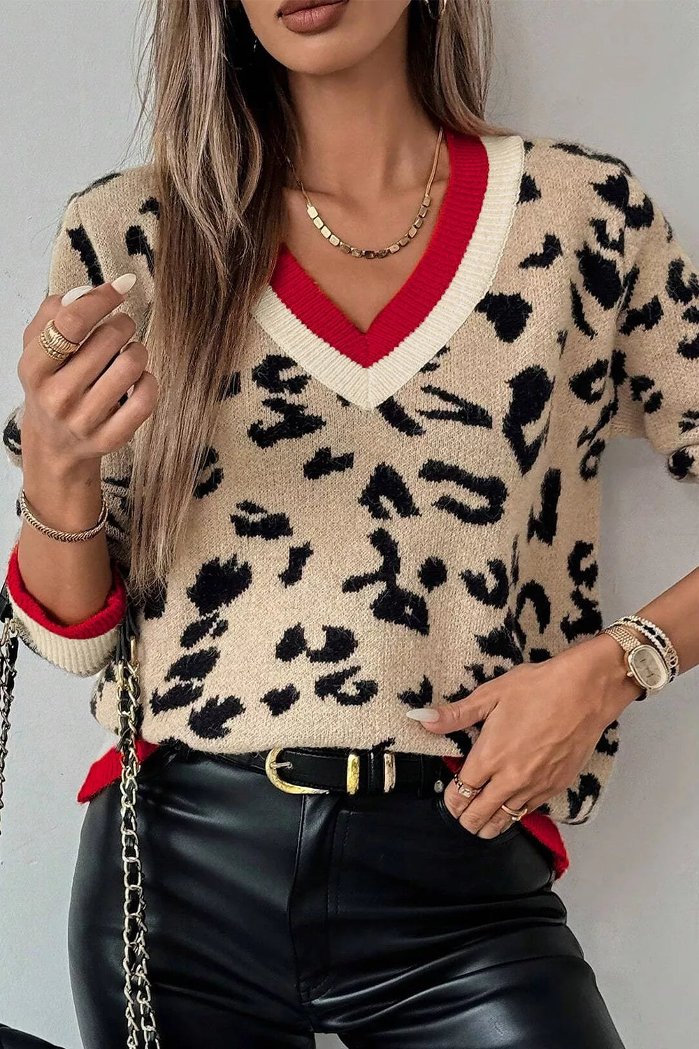 Leopard Pattern V-Neck Contrast Rib Knitted Sweater