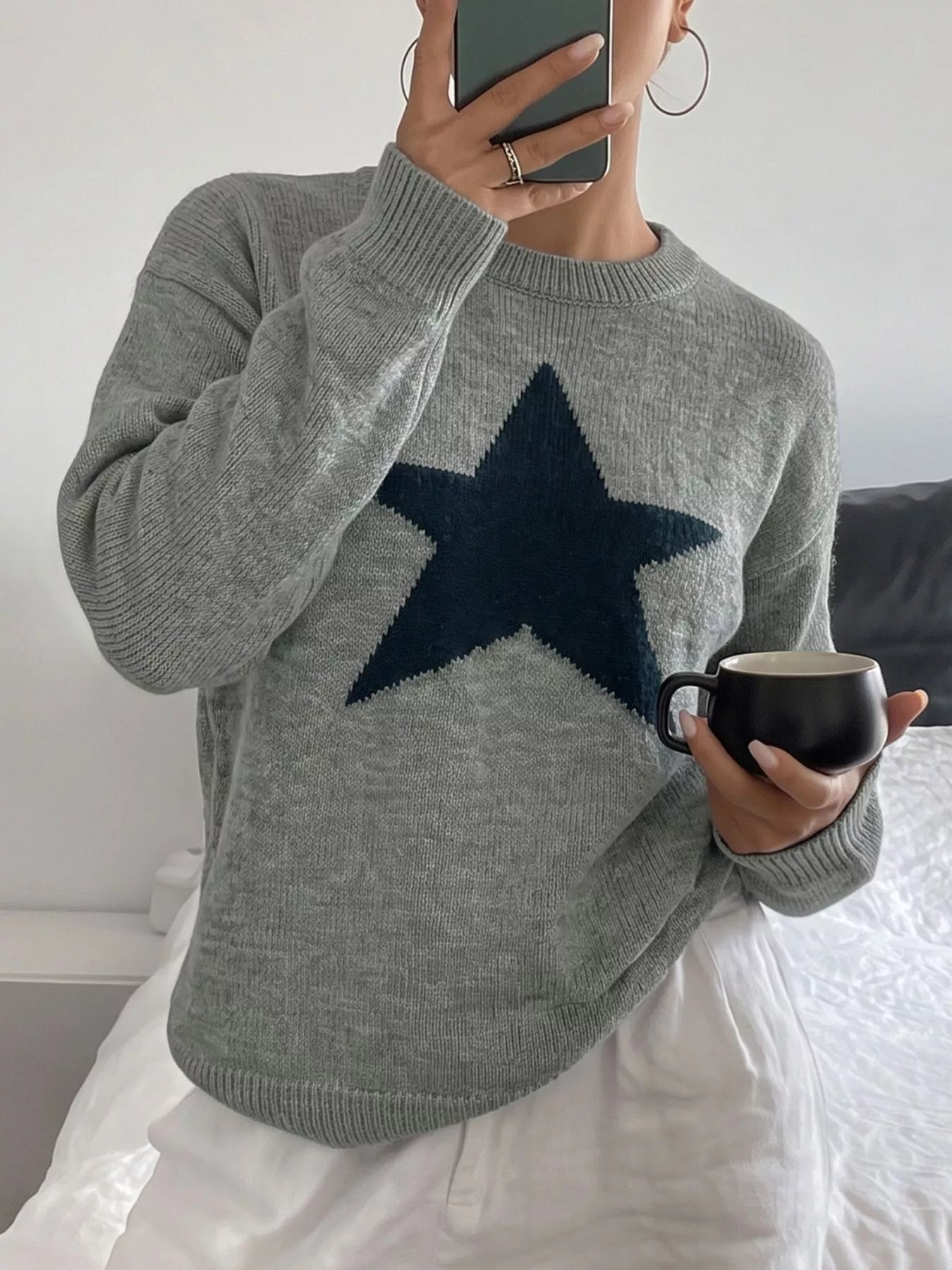 Star-Patterned Dropped Shoulder Sweater