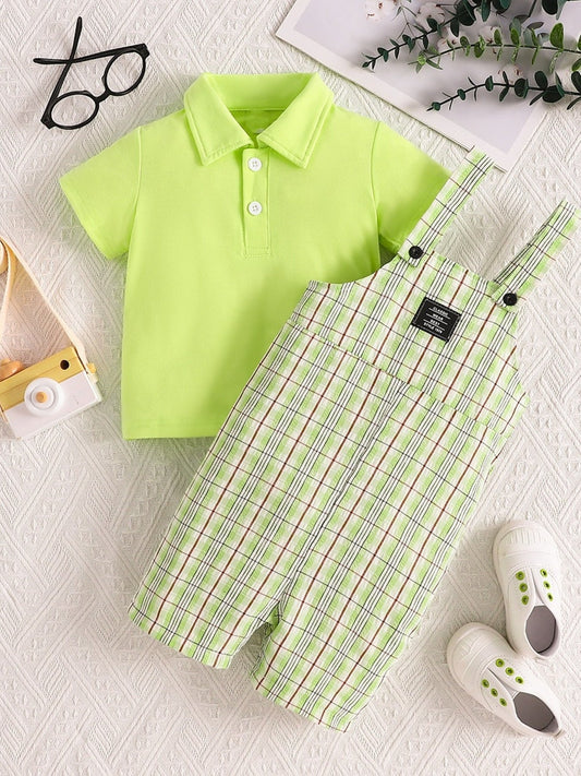 Children's Solid Color Polo & Plaid Overalls Set