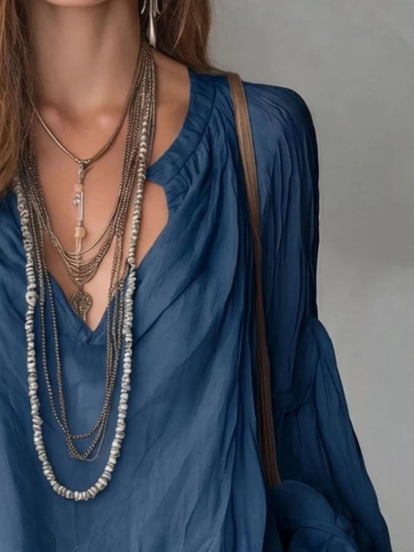Notched Balloon Sleeve Blouse