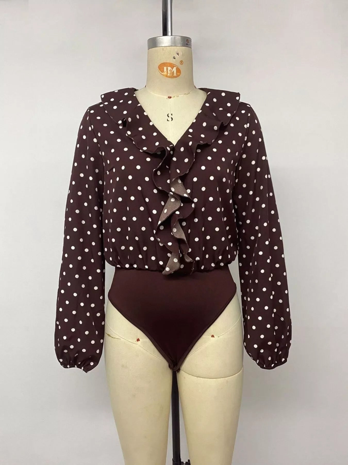 Polka Dot Ruffled V-Neck Bodysuit
