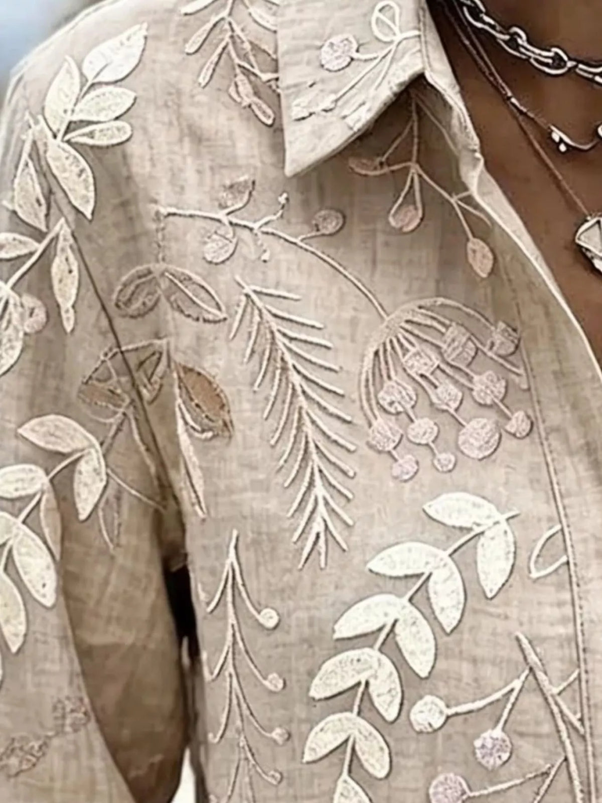Full Size Leaf Embroidered Button-Down Shirt Plus Size