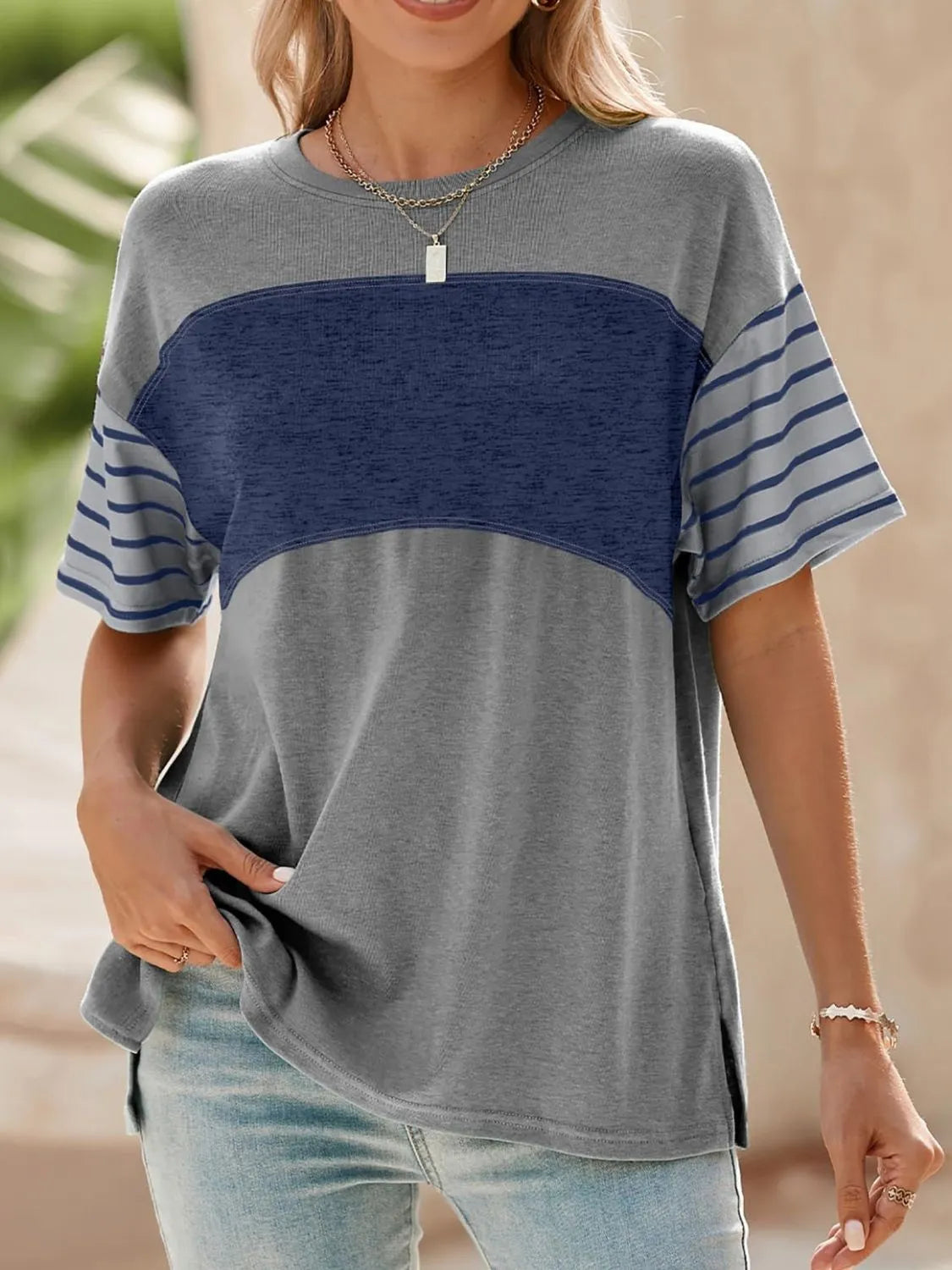 Color Block Striped Sleeve Casual T-Shirt