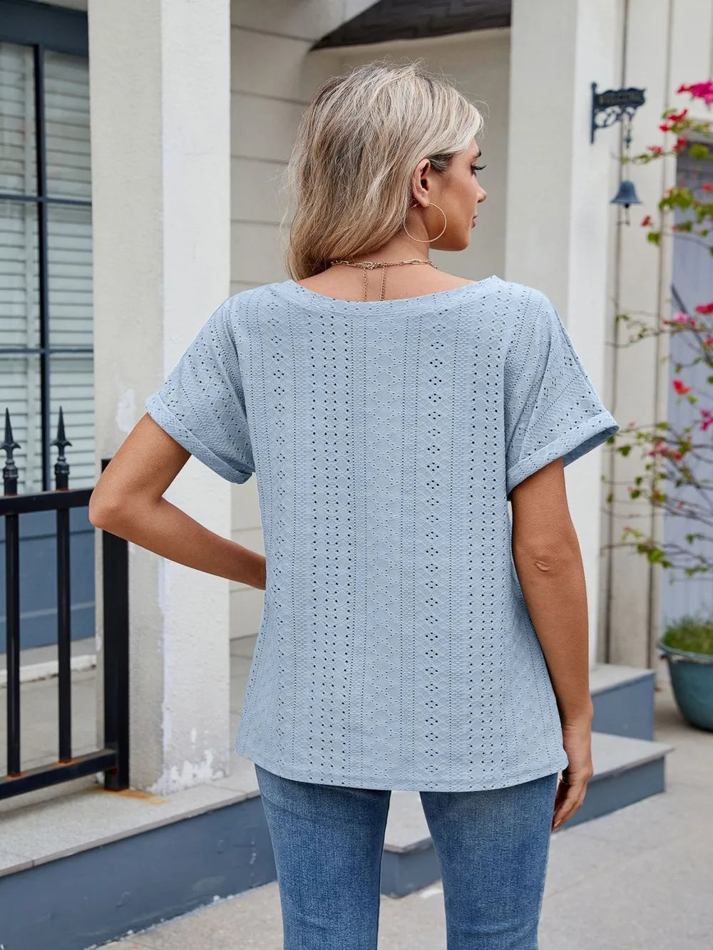 Eyelet Round Neck Short Sleeve Top