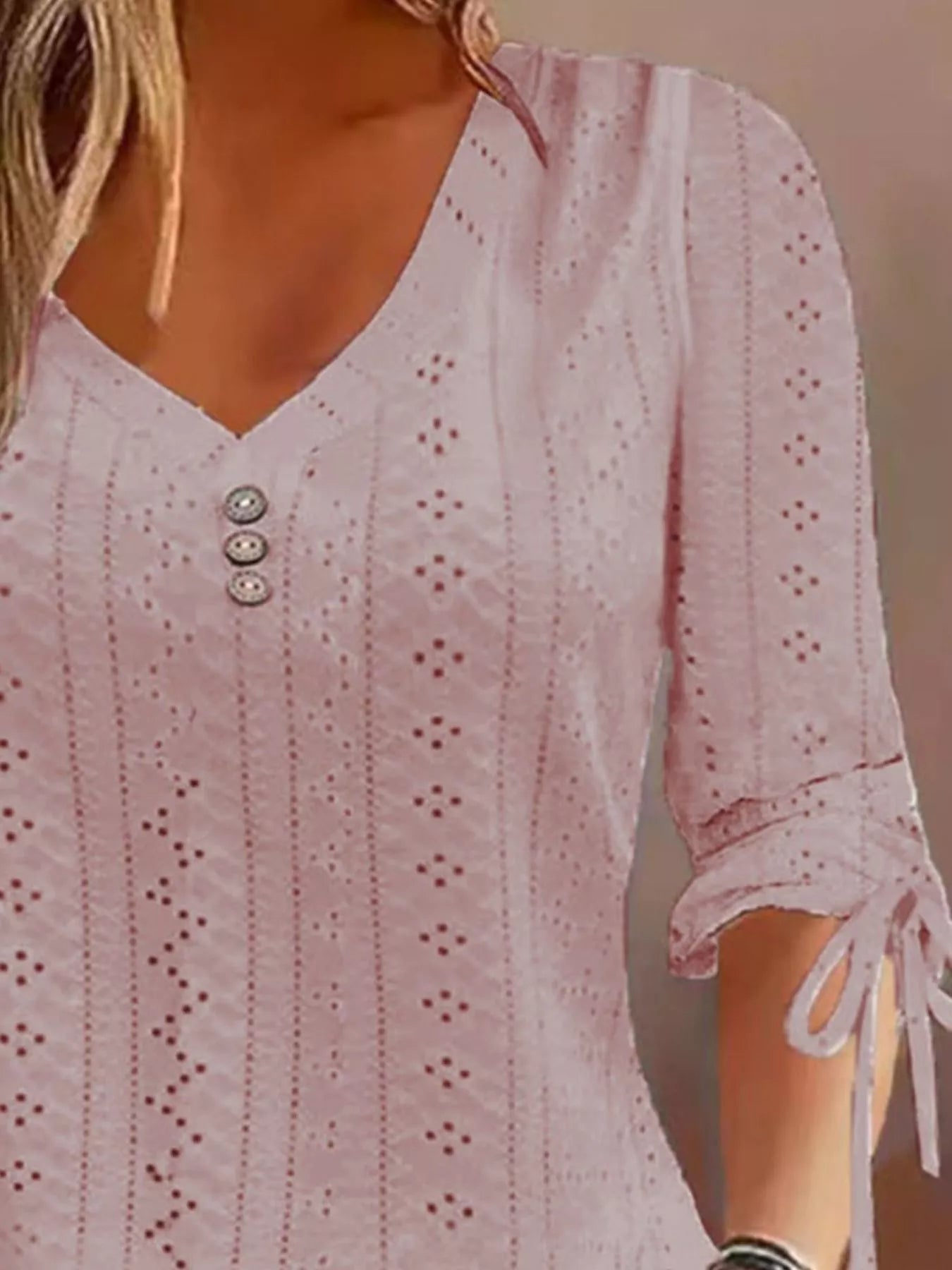 Full Size V-Neck Eyelet Drawstring Sleeve Top Plus Size