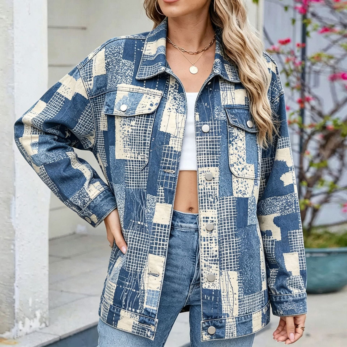 Women's Botanical Print Drop-Shoulder Denim Jacket