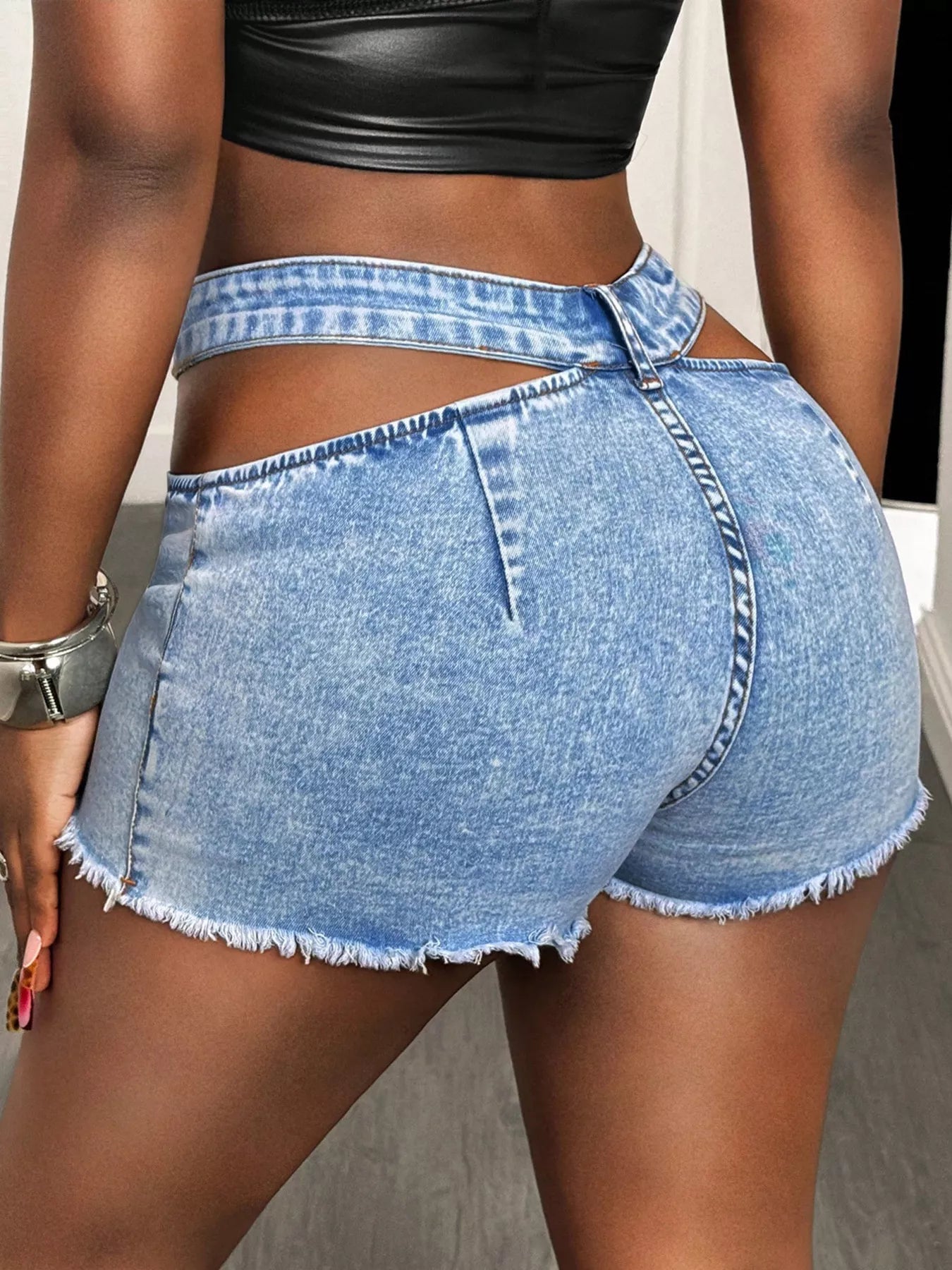 Cut-out Denim Shorts with Frayed Hem