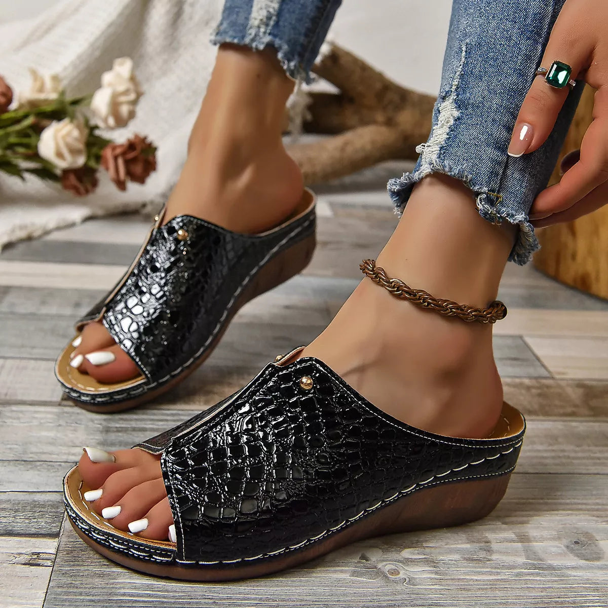 Crocodile-Embossed Wedge Sandals