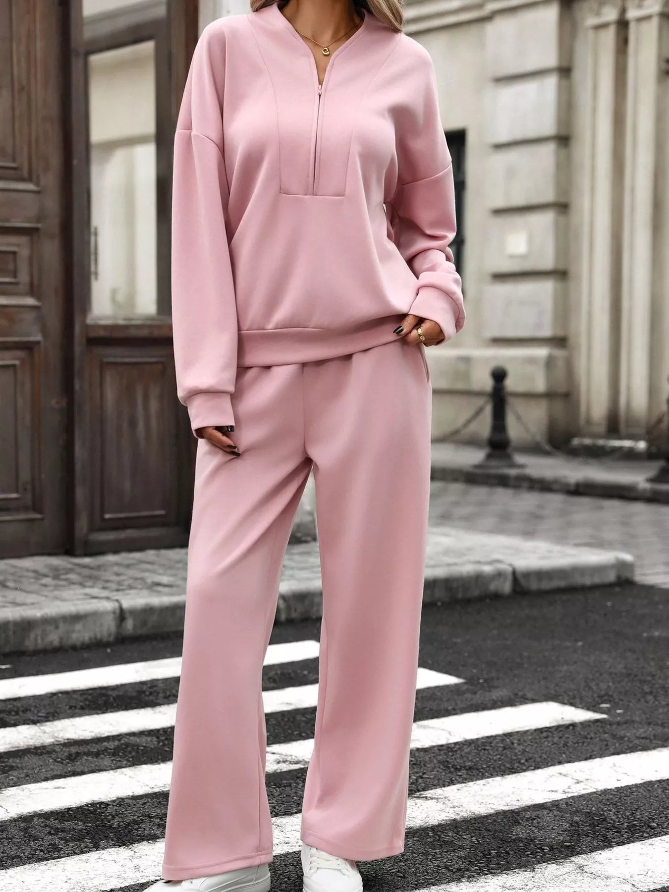 Half Zip Sweatshirt and Wide-Leg Pants Set