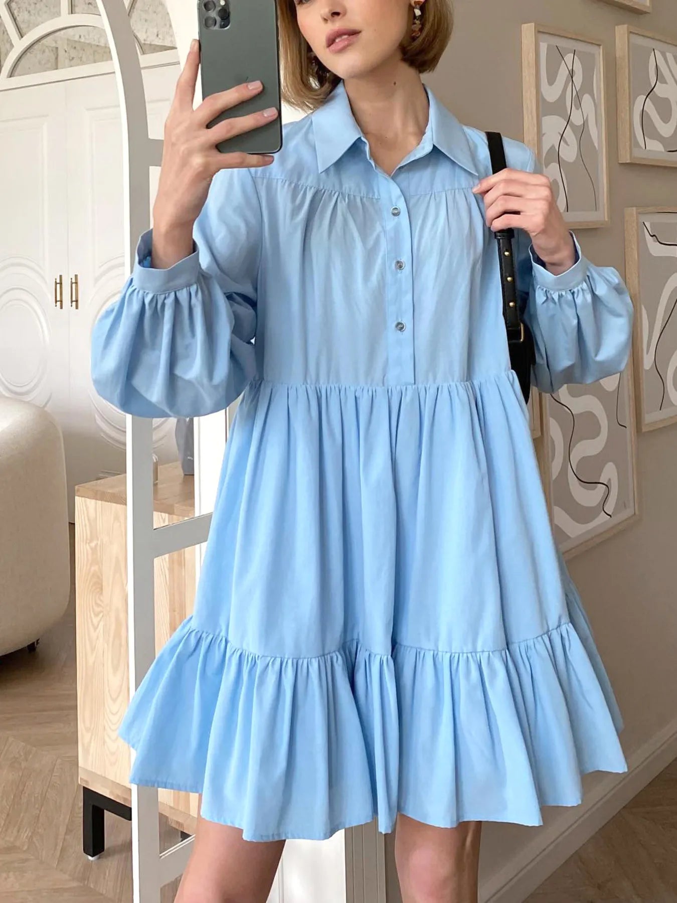 Tiered Long Sleeve Shirt Dress