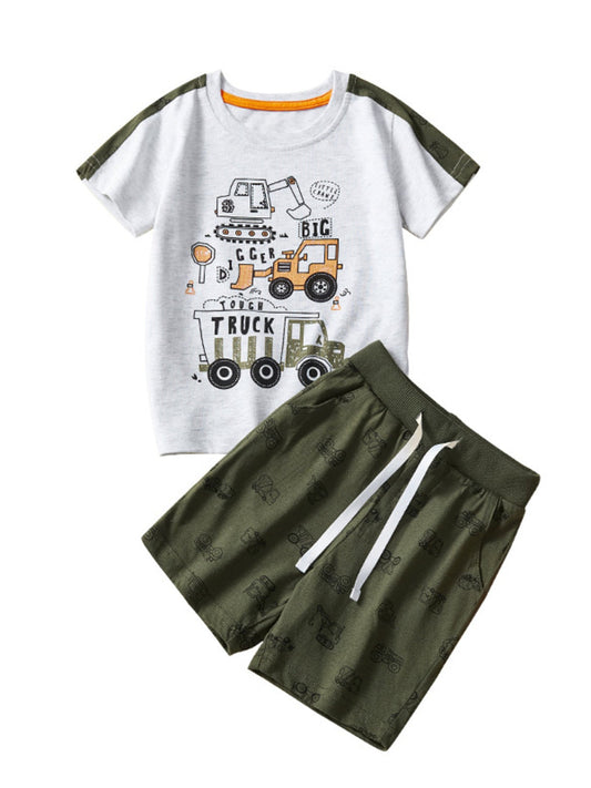 Children's Construction Vehicle Graphic Short Sleeve Tee and Shorts Set