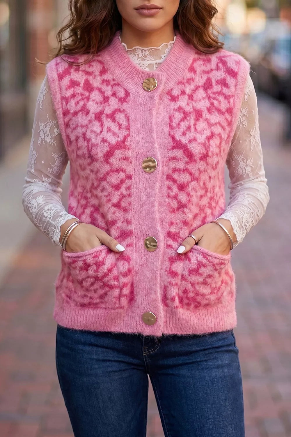 Leopard Button-Down Fuzzy Sweater Vest